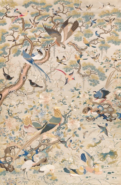 A delicate Chinese painting of birds and flowering branches on white ground, illustrating the centuries-long tradition of avian motifs in East Asian decorative art.