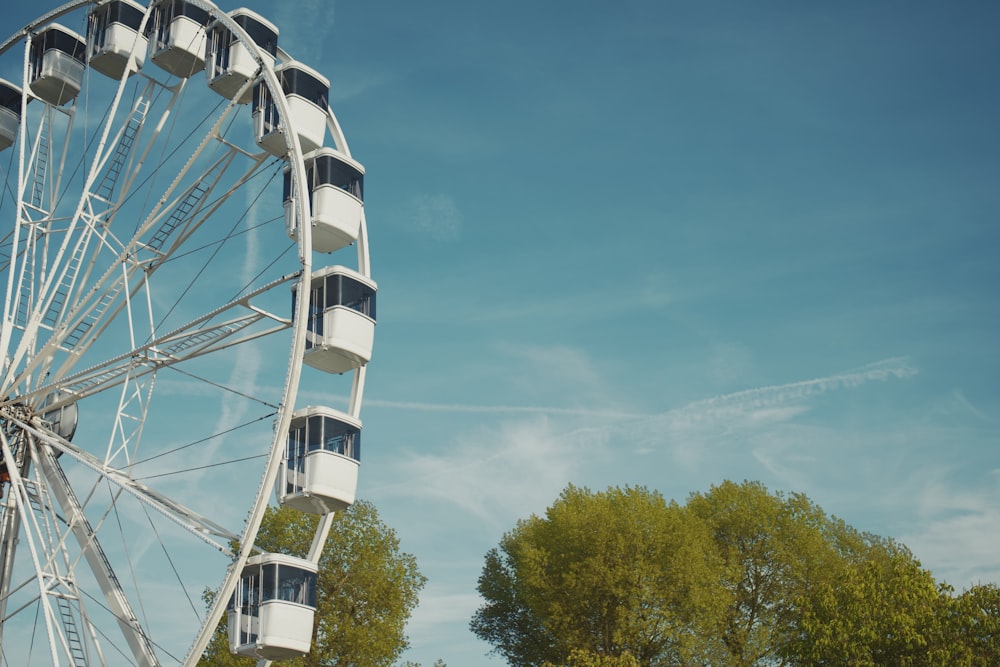 a large white ferris wheel sitting next to a forest