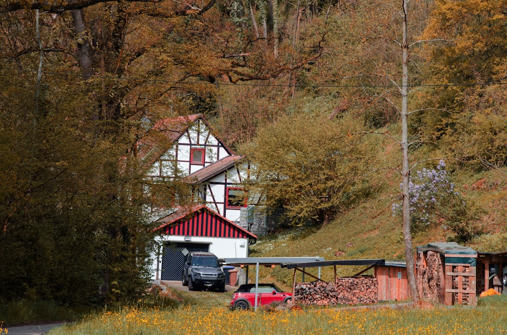 a truck is parked in front of a house