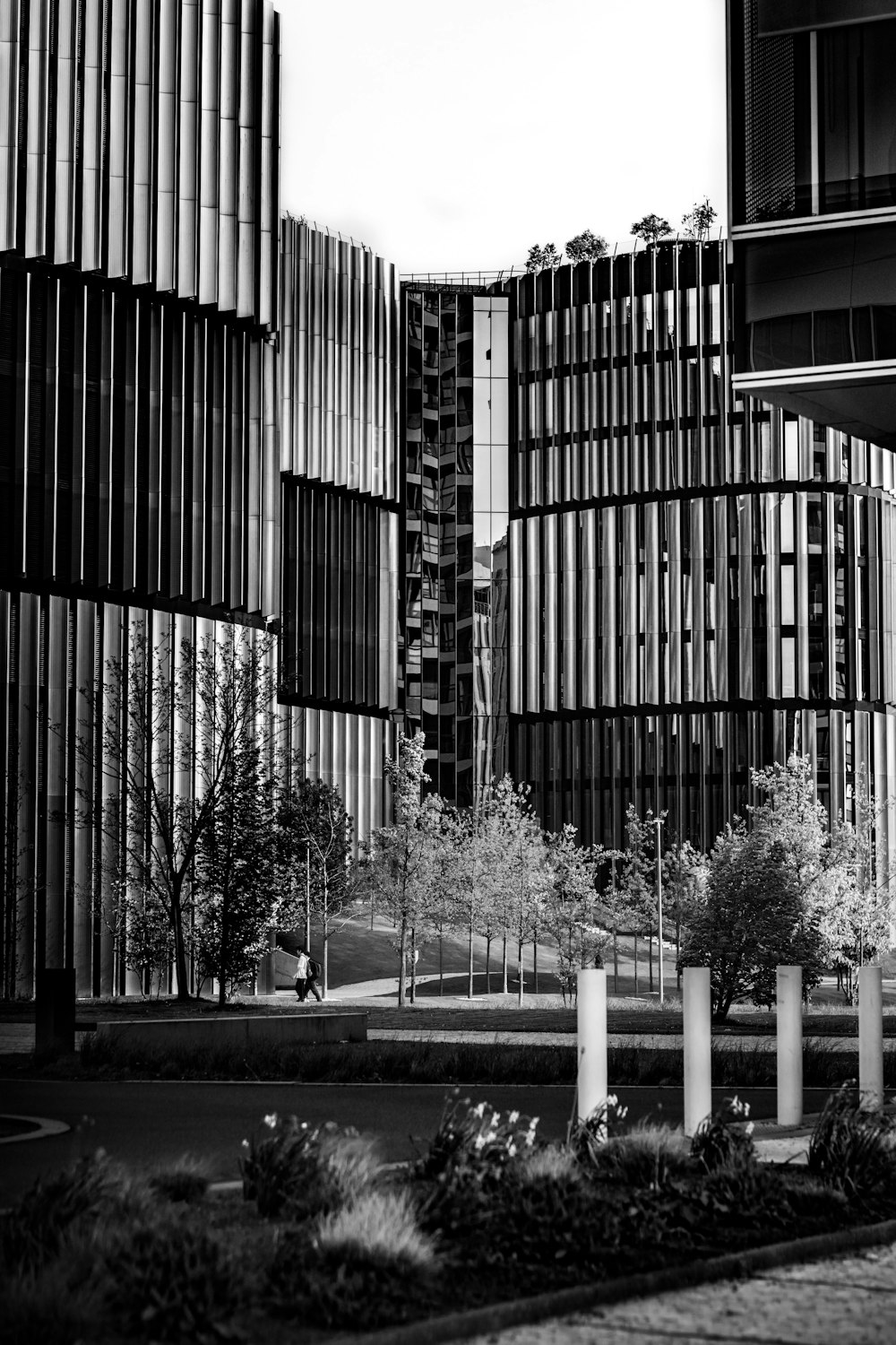 a black and white photo of some buildings