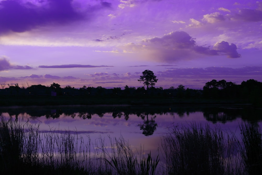 a purple sky with clouds reflecting in the water