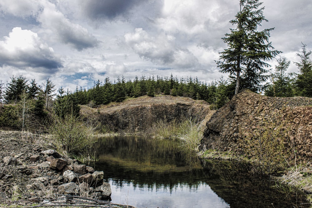 a pond surrounded by rocks and trees under a cloudy sky