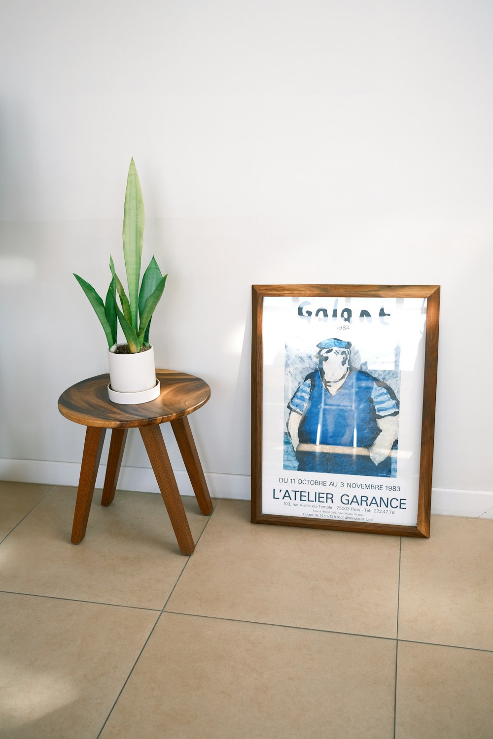 a small table with a potted plant next to a poster