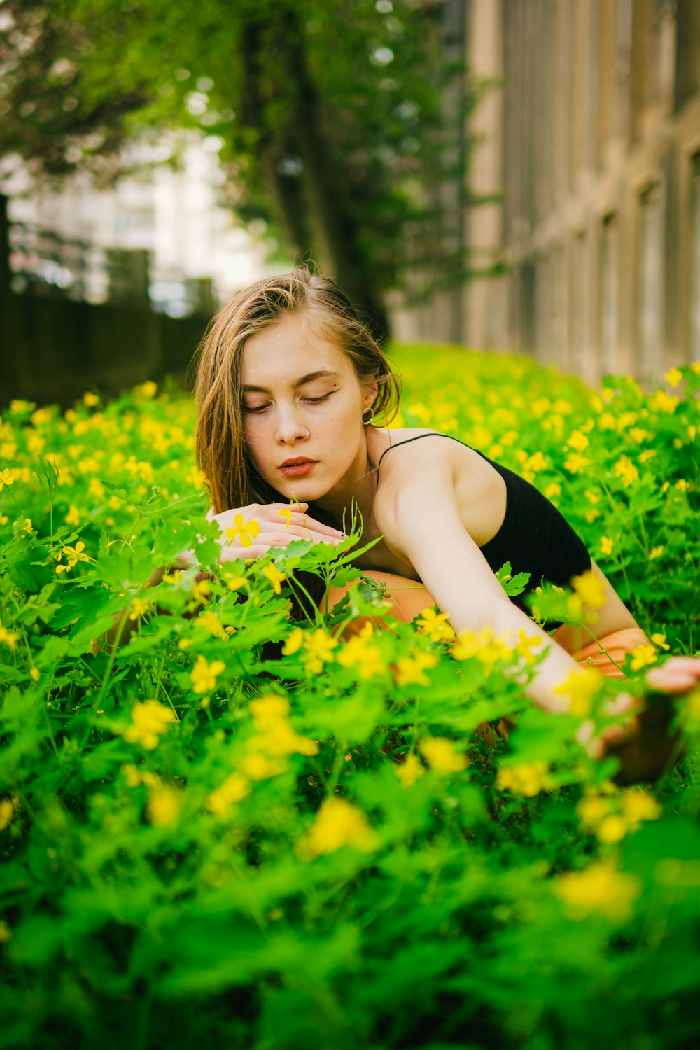 a woman laying in a field of yellow flowers