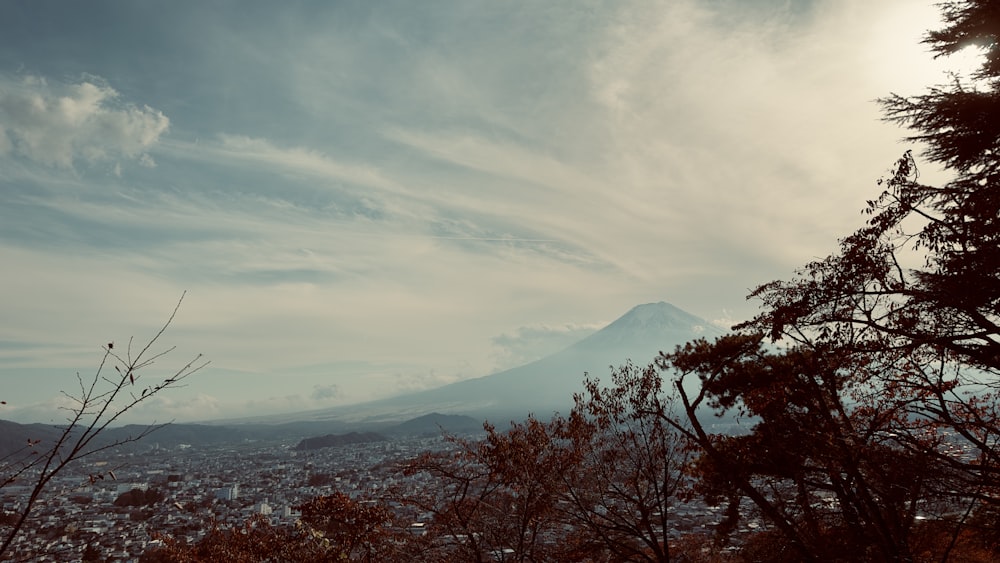 a view of a city with a mountain in the background