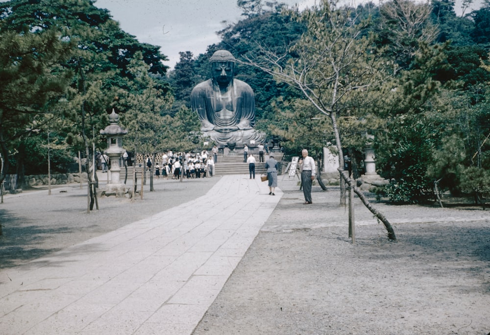 a group of people walking around a park