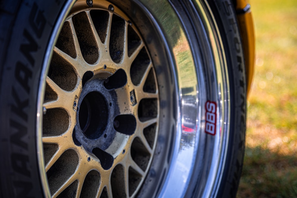 a close up of a tire on a car