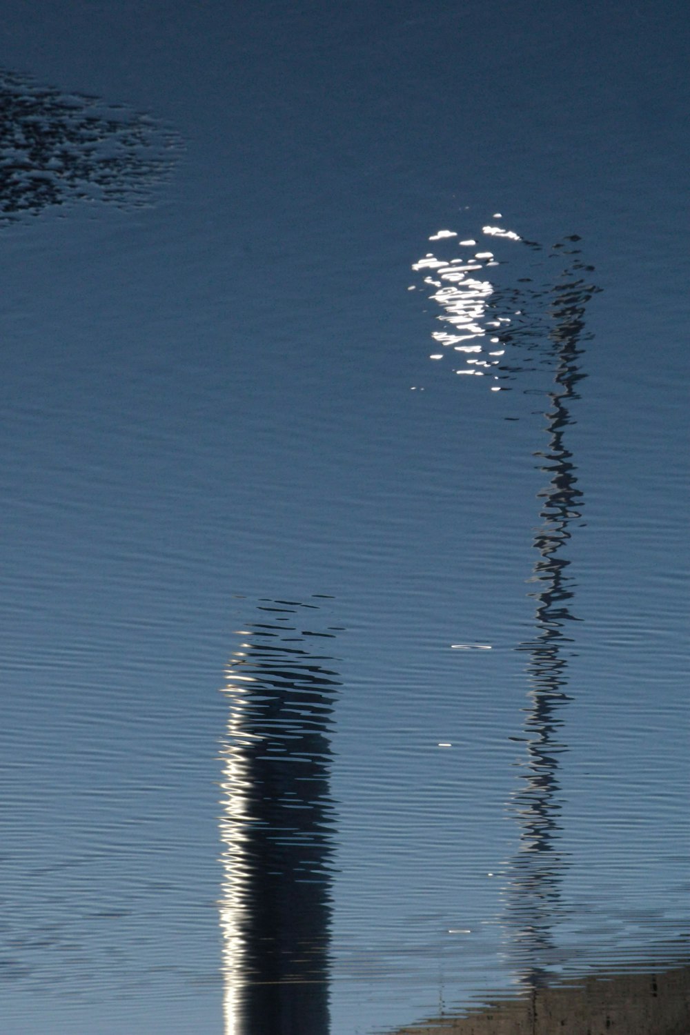 the reflection of a light pole in the water