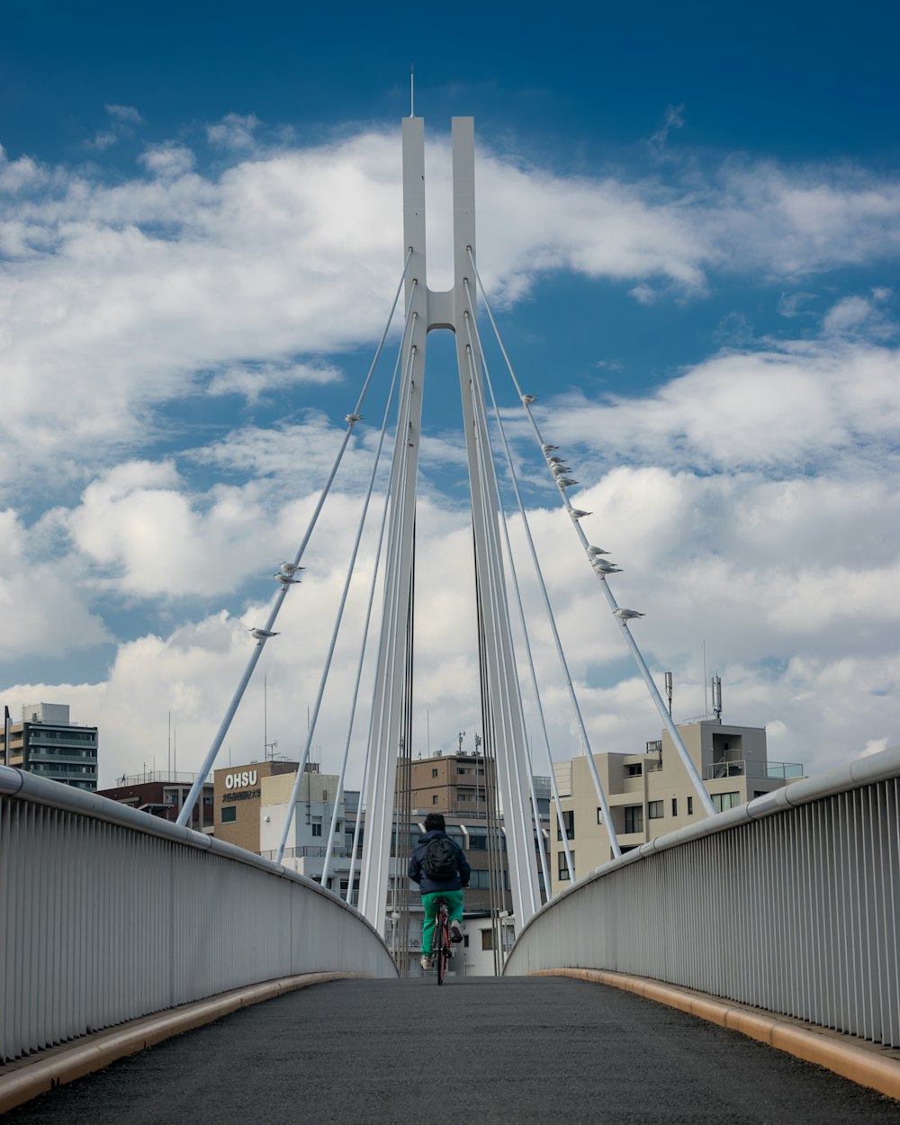 une personne traversant un pont à vélo