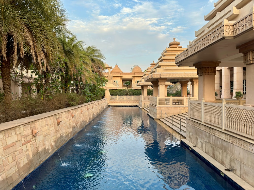 a large swimming pool surrounded by palm trees