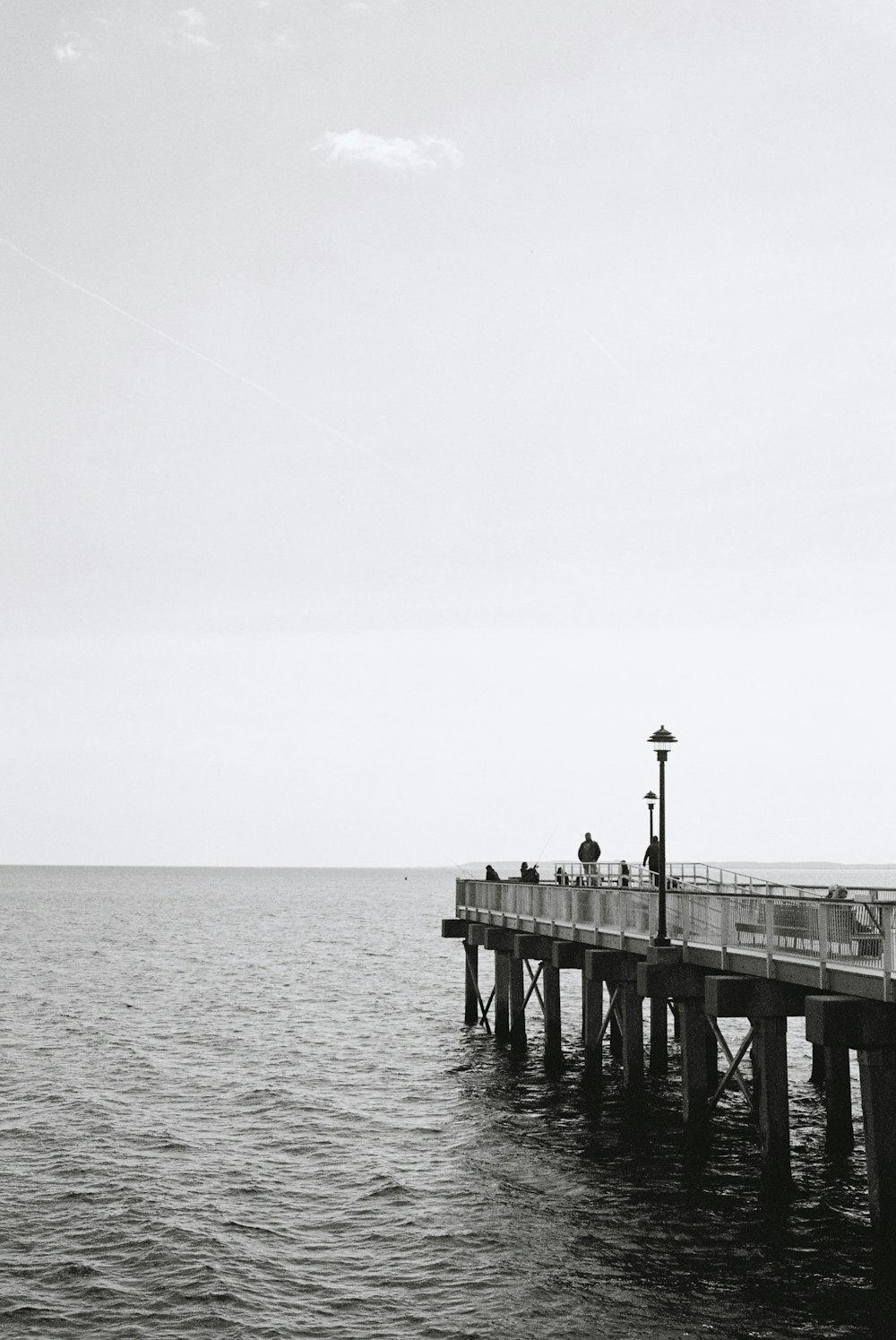 a black and white photo of people on a pier