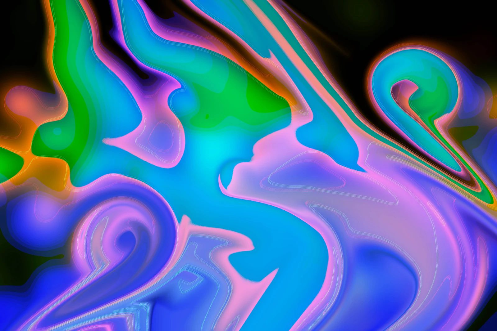Abstrakte digitale Malerei mit fließenden Formen in Blau, Grün und Rosa vor hellem Hintergrund