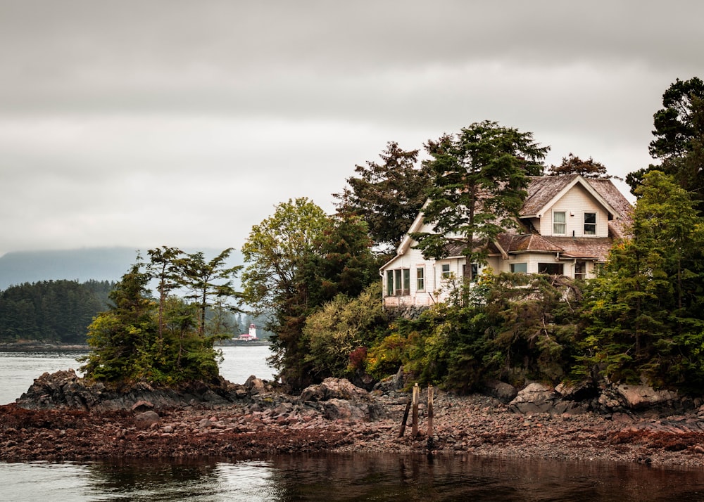 a house sitting on top of a small island