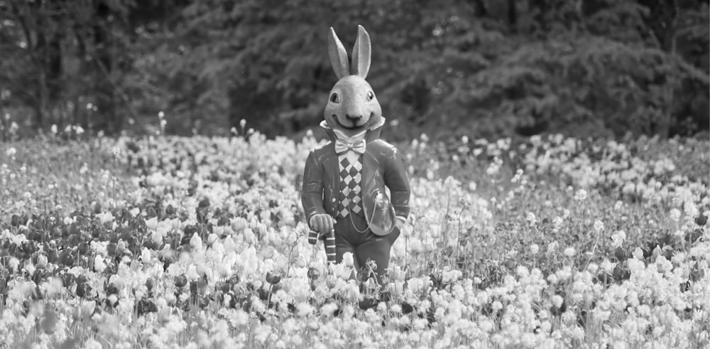 a black and white photo of a rabbit in a field of flowers