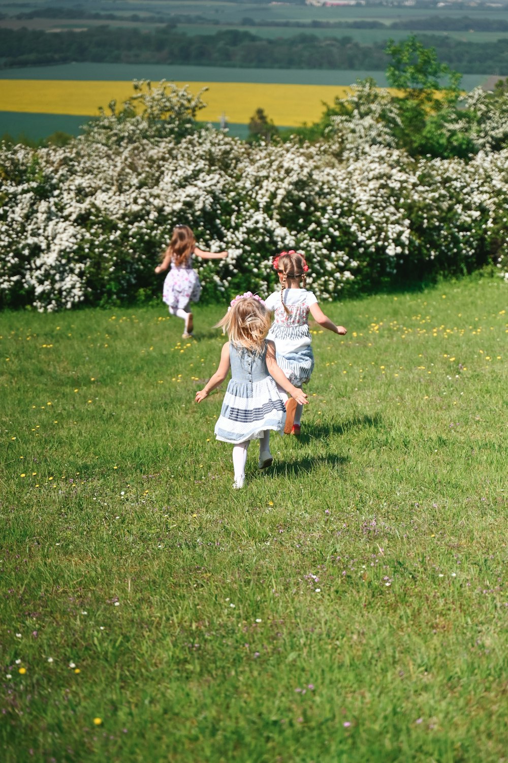 a group of young girls running across a lush green field