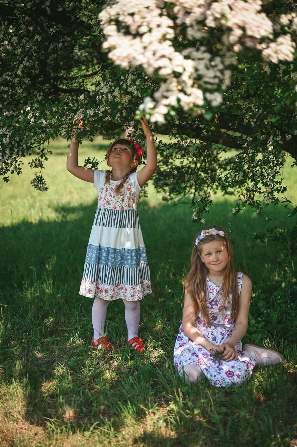 two little girls are sitting under a tree