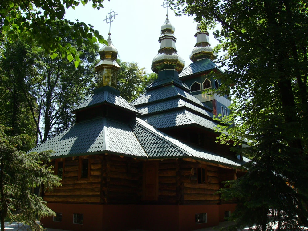 a large wooden building surrounded by trees