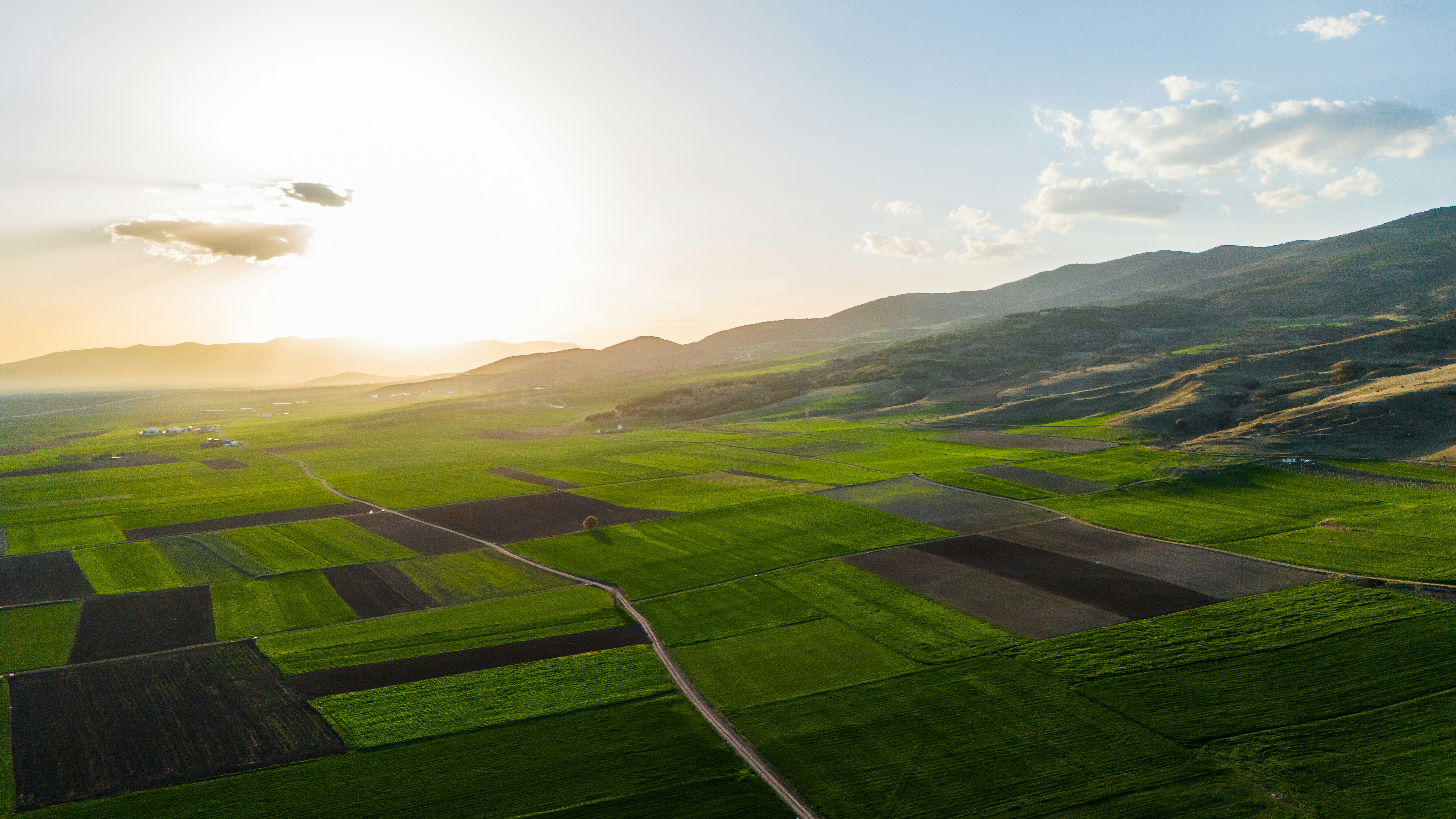 Aerial view of lush green organic farmland in Vermont at dusk, dark atmospheric lighting