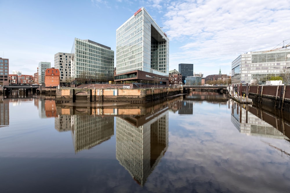 a body of water with buildings in the background