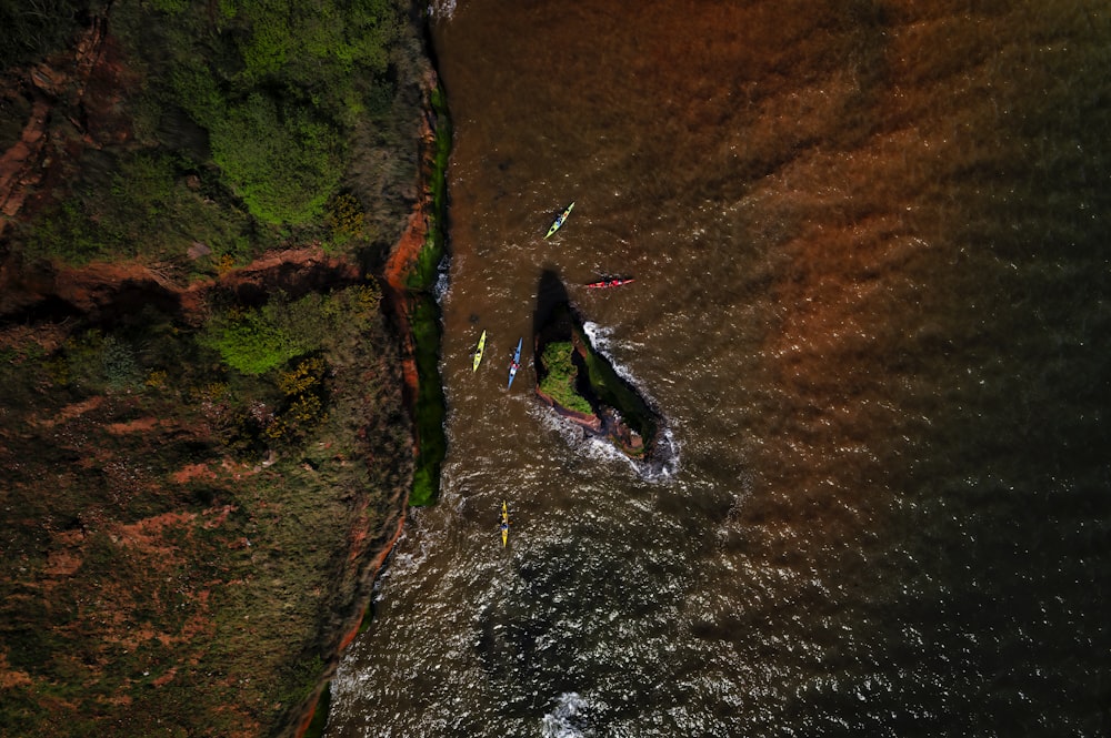 a couple of people riding surfboards on top of a body of water