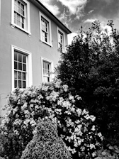 a black and white photo of a house