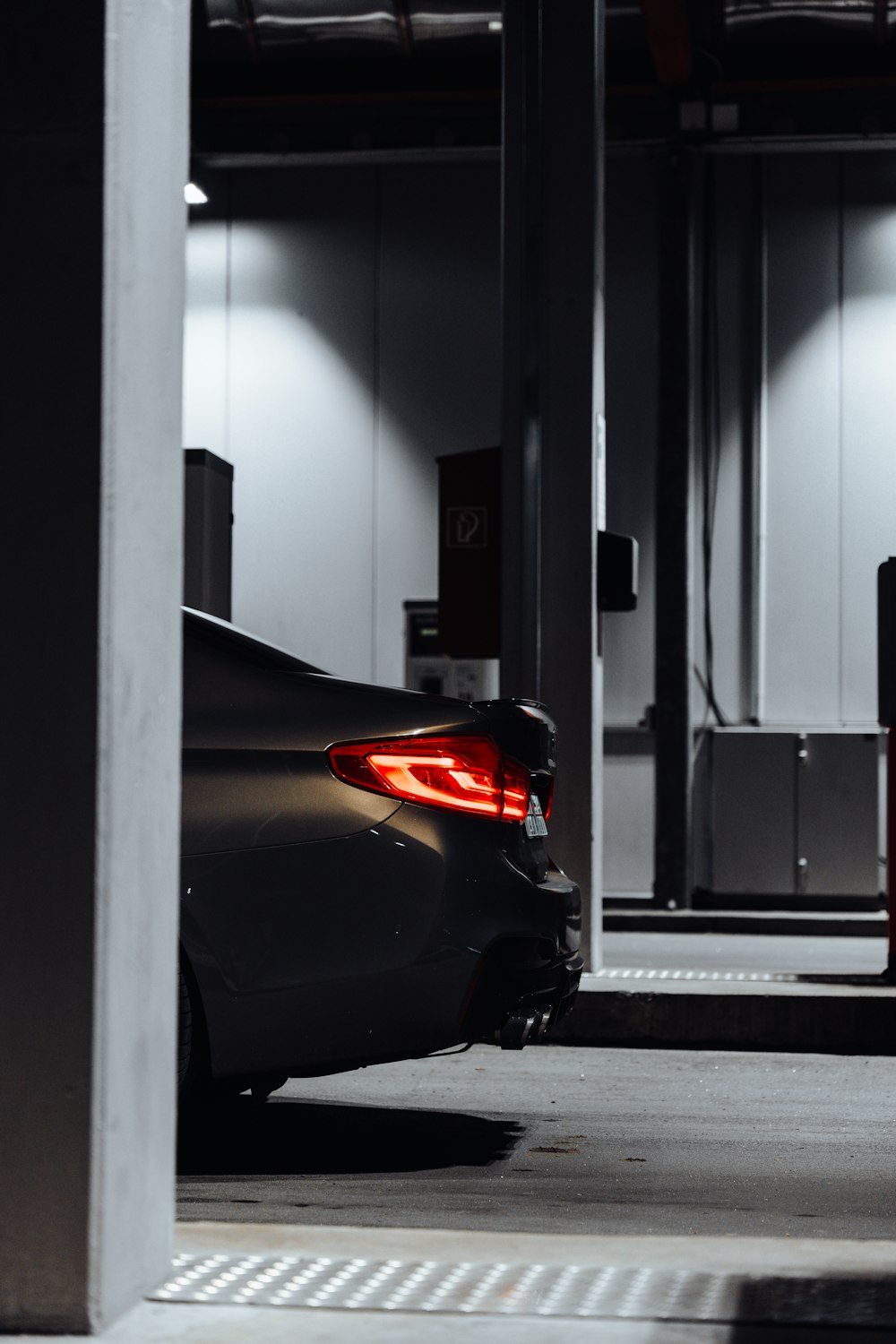 a car is parked in a parking garage