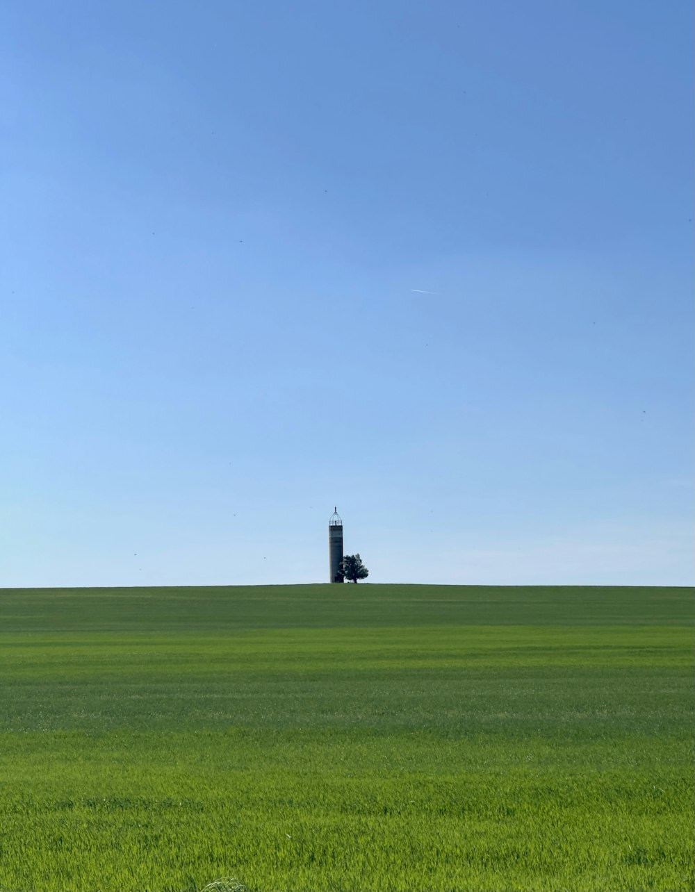 a large field with a tower in the distance