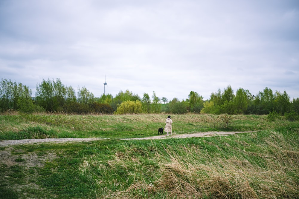 a person walking a dog in a grassy field