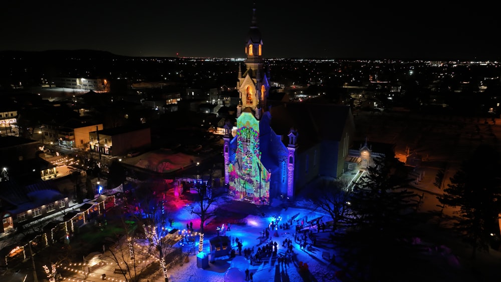 an aerial view of a city at night