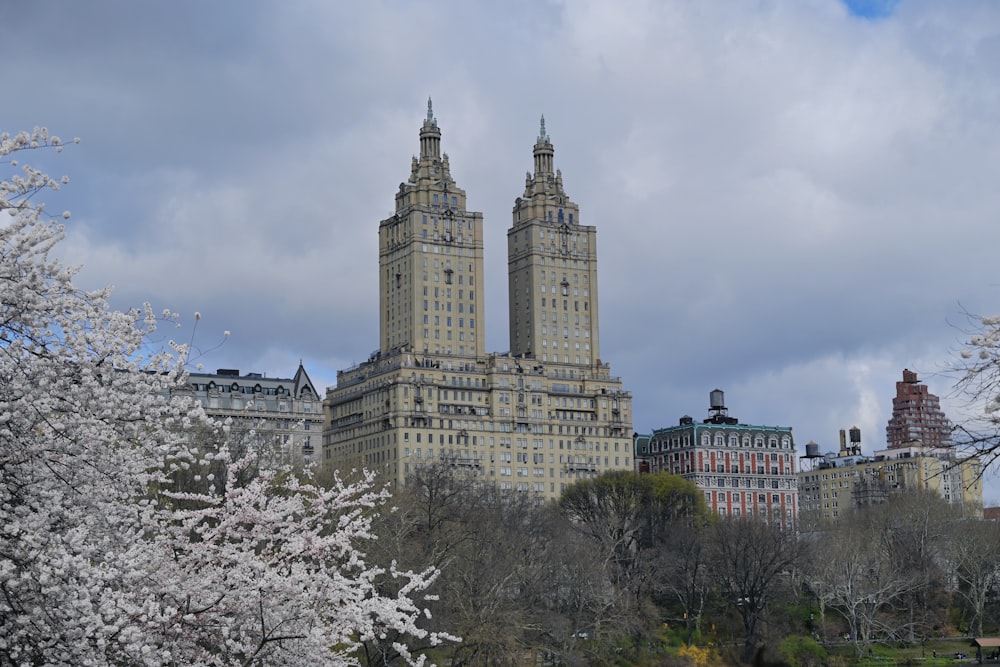 a large building with two towers in the middle of a park