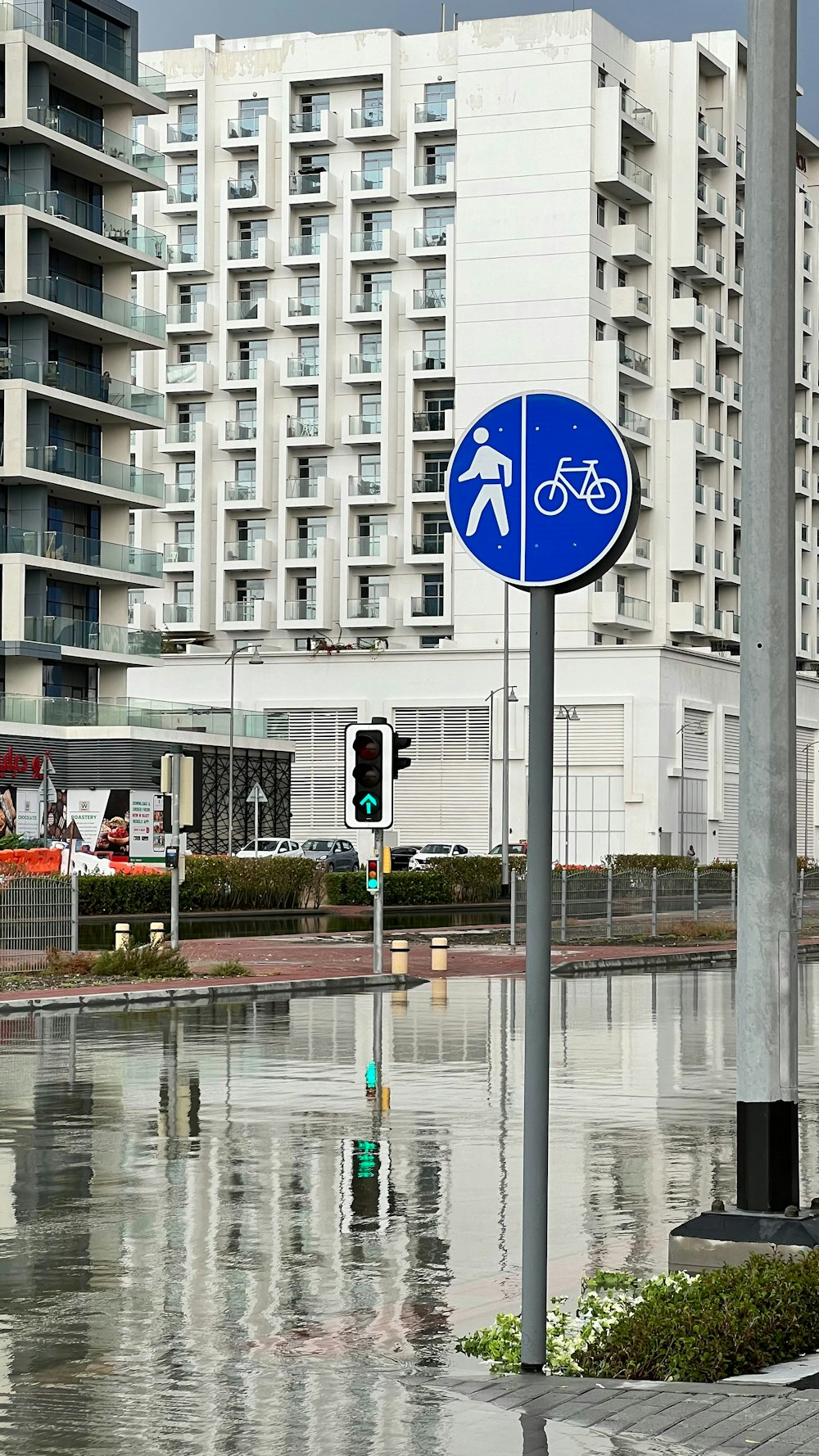 a blue street sign sitting on the side of a road