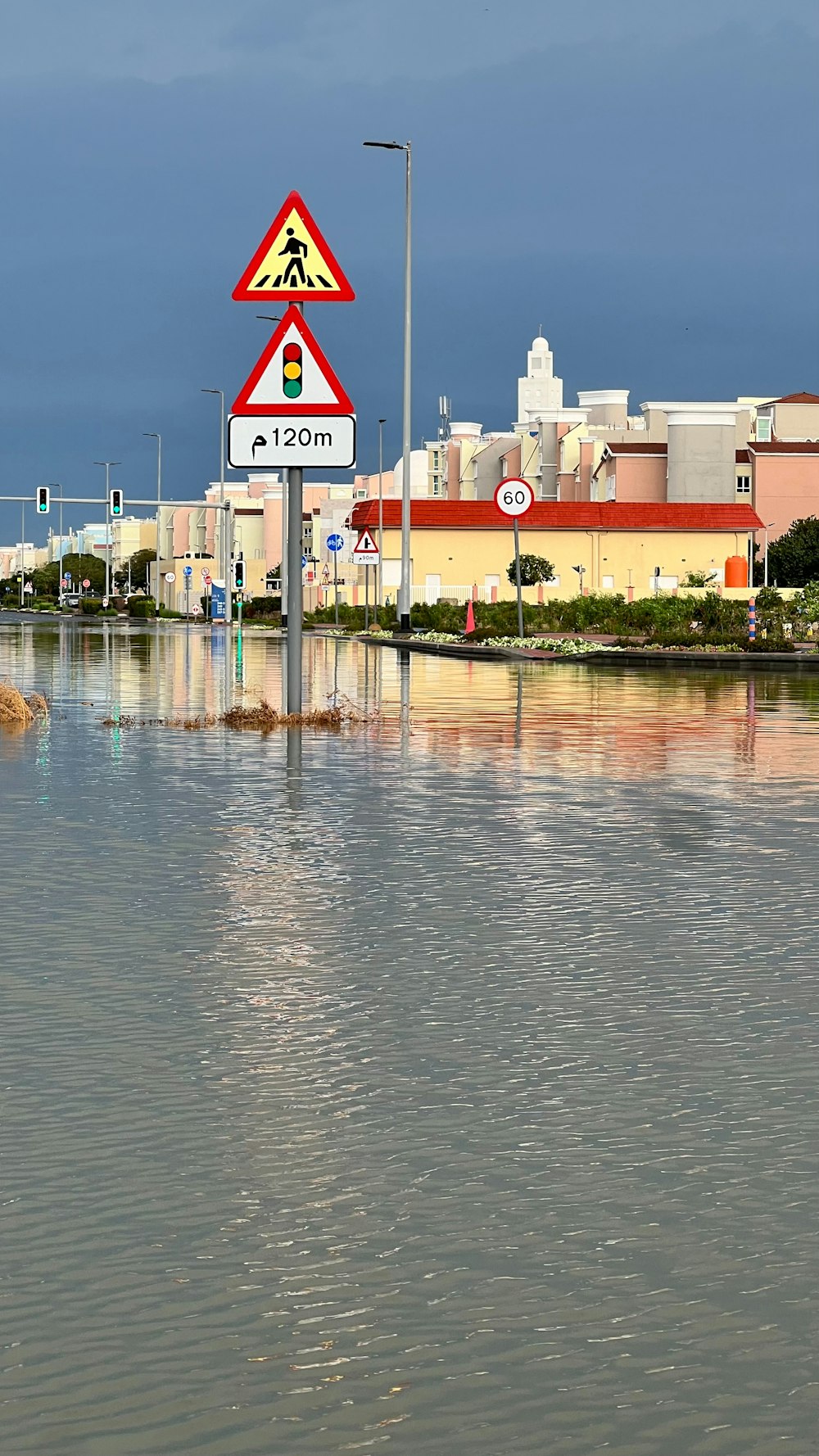a street sign in the middle of a flooded street