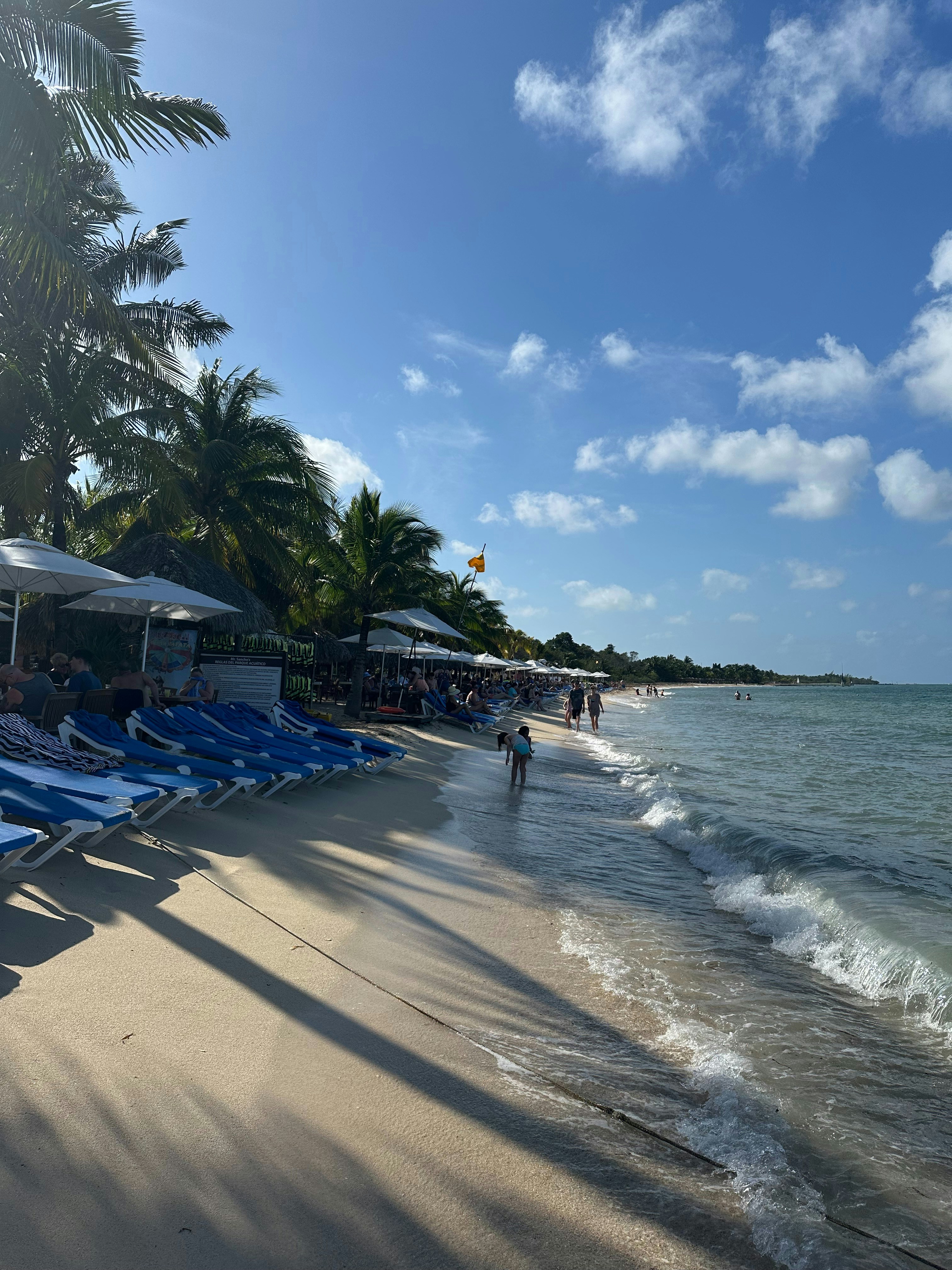 a beach with lounge chairs and umbrellas on it
