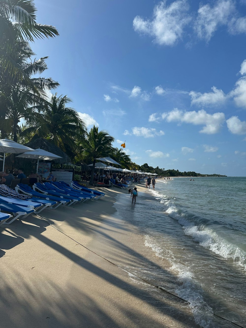 a beach with lounge chairs and umbrellas on it