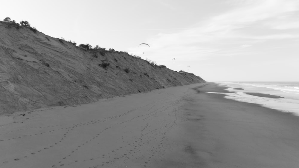 Una foto en blanco y negro de una playa de arena