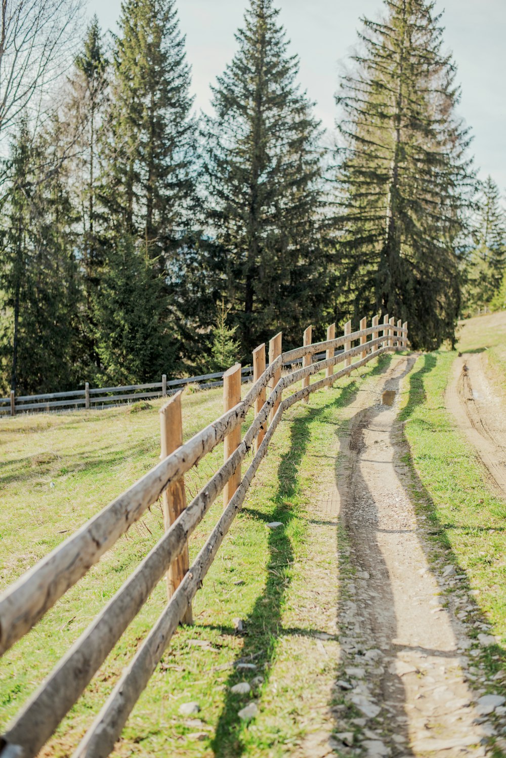 a wooden fence in the middle of a grassy field