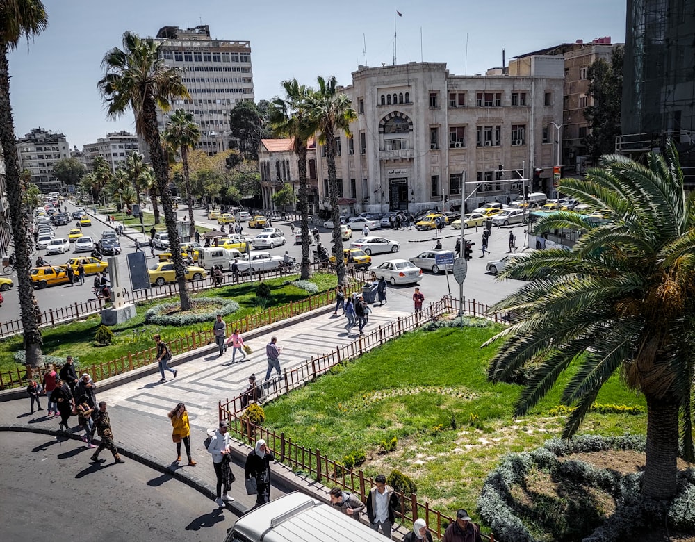 a group of people walking down a street next to palm trees