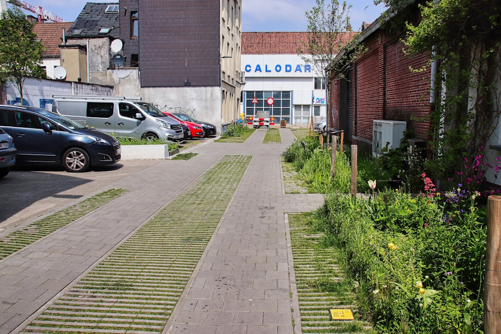 a street lined with parked cars next to tall buildings