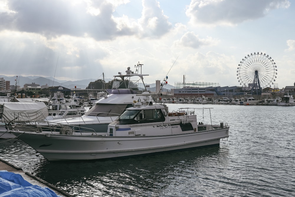 a boat is docked in a harbor with a ferris wheel in the background