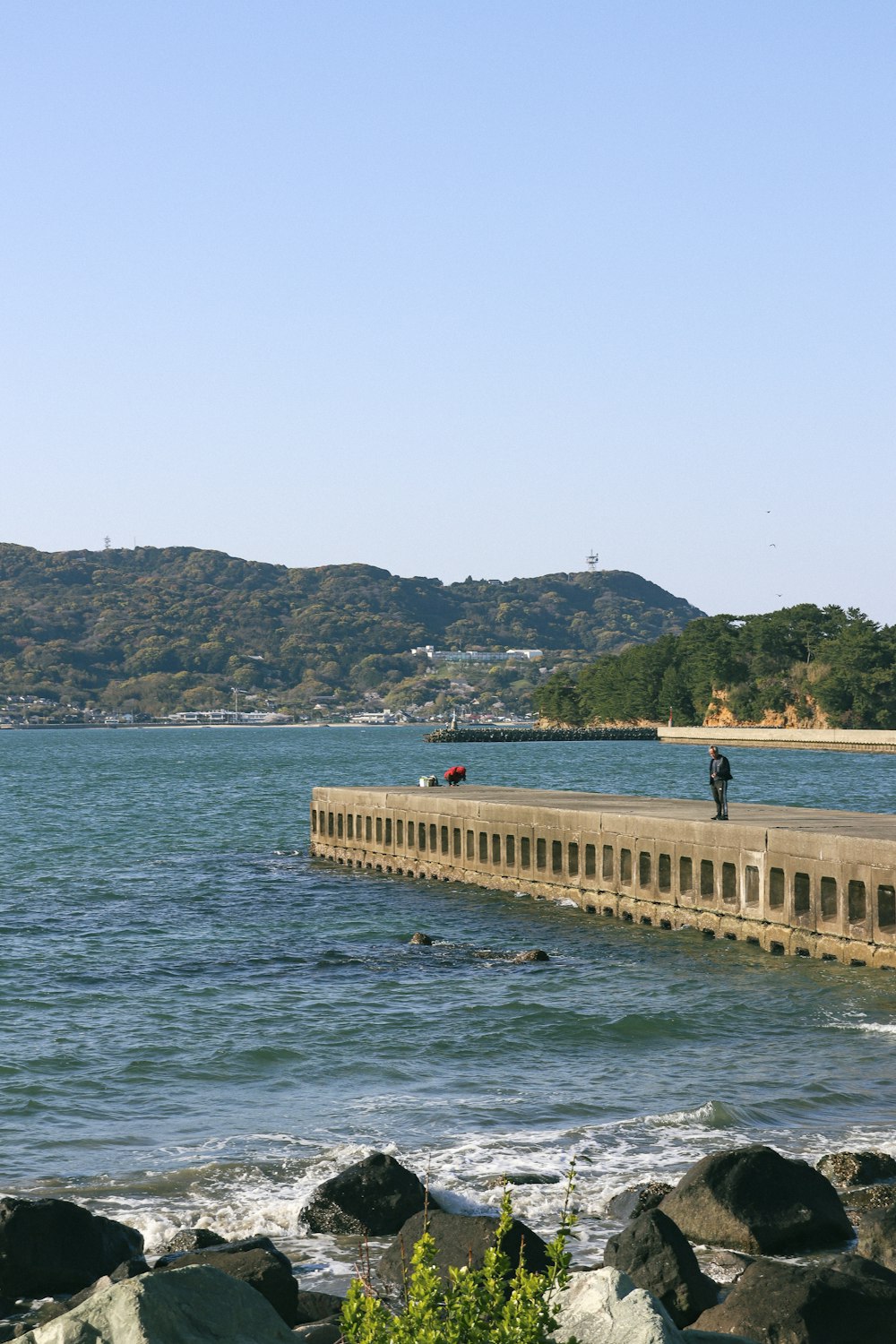 a man standing on a pier next to a body of water