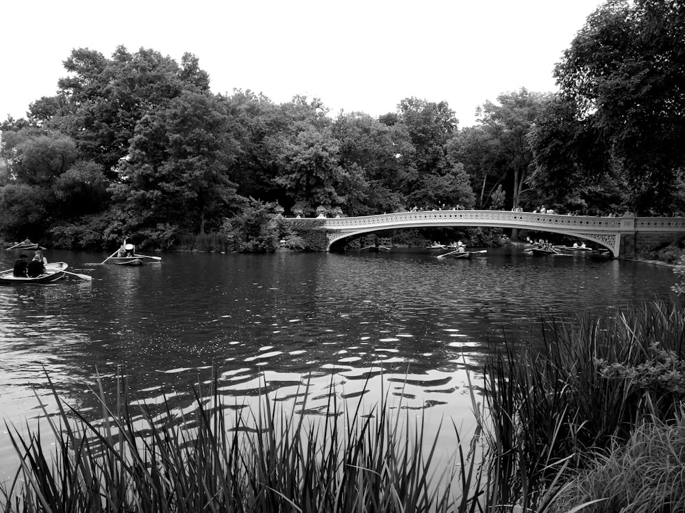 Una foto in bianco e nero di un ponte su un fiume