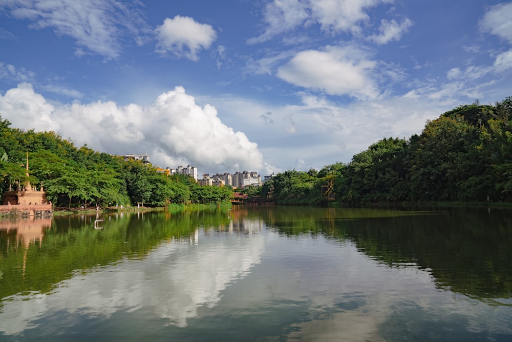 a body of water surrounded by trees and buildings