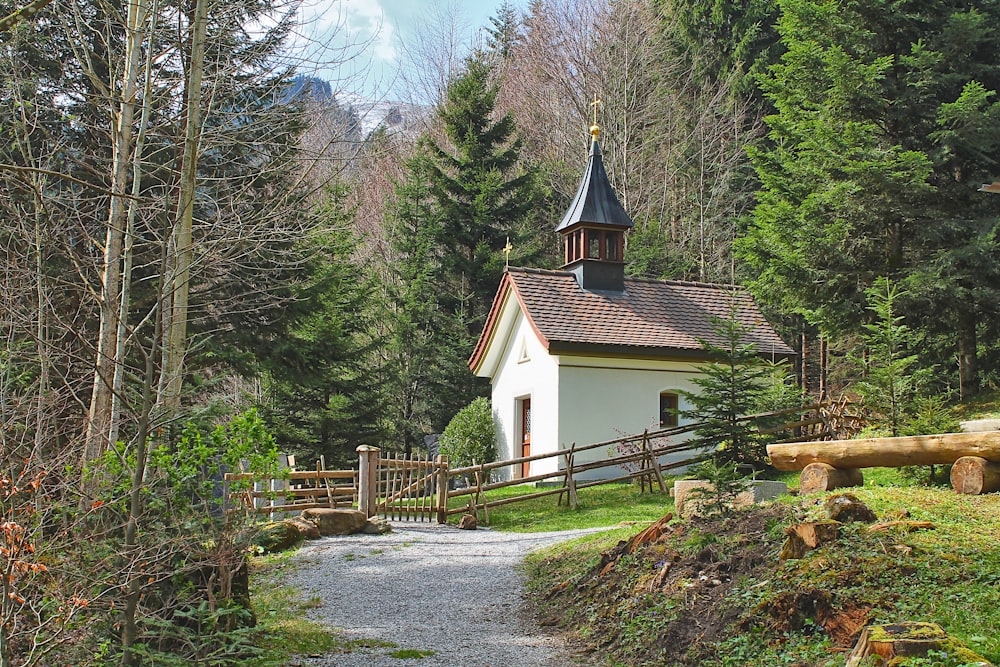 a small church in the middle of a forest