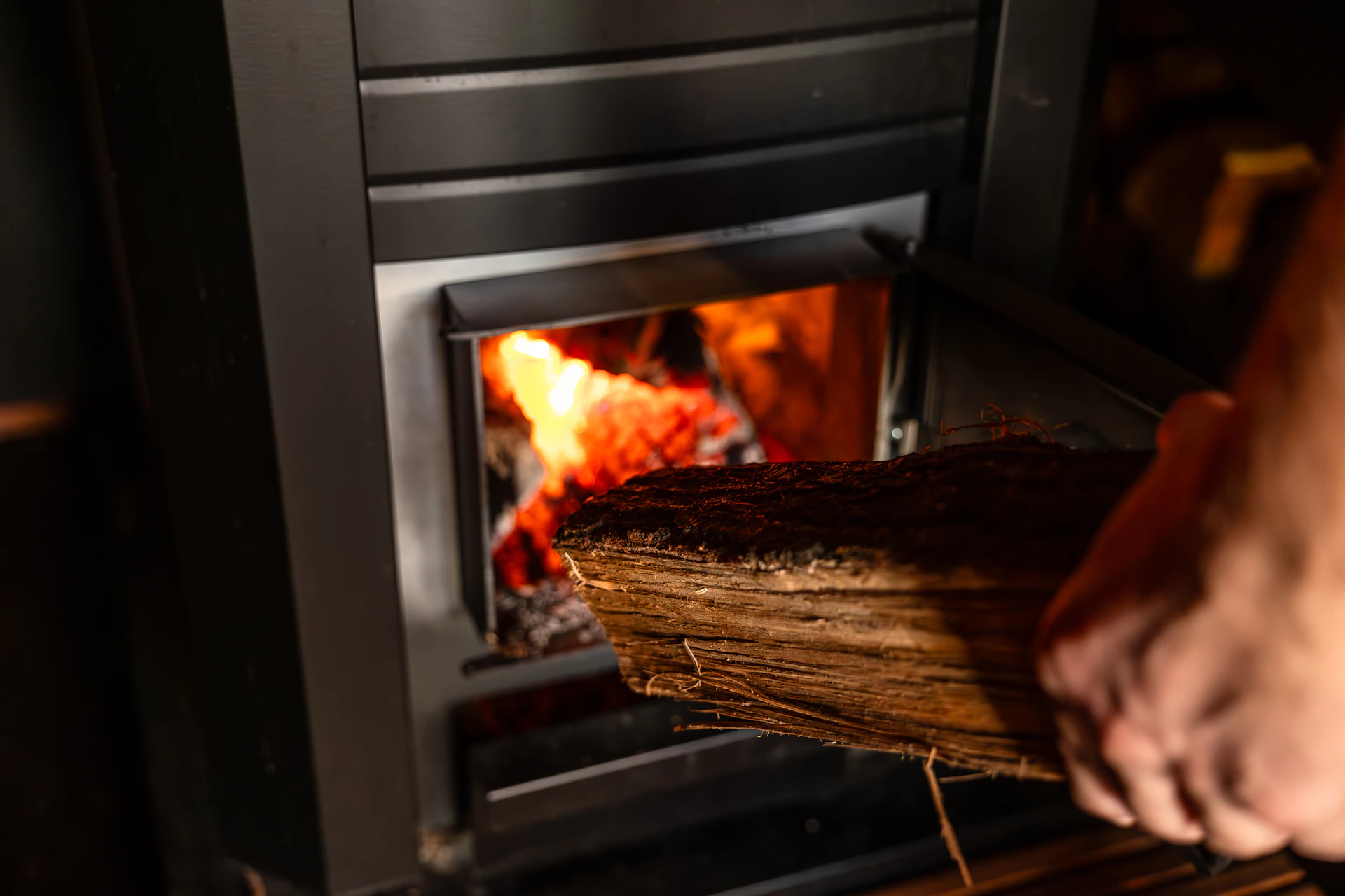 a person holding a log in front of a fire