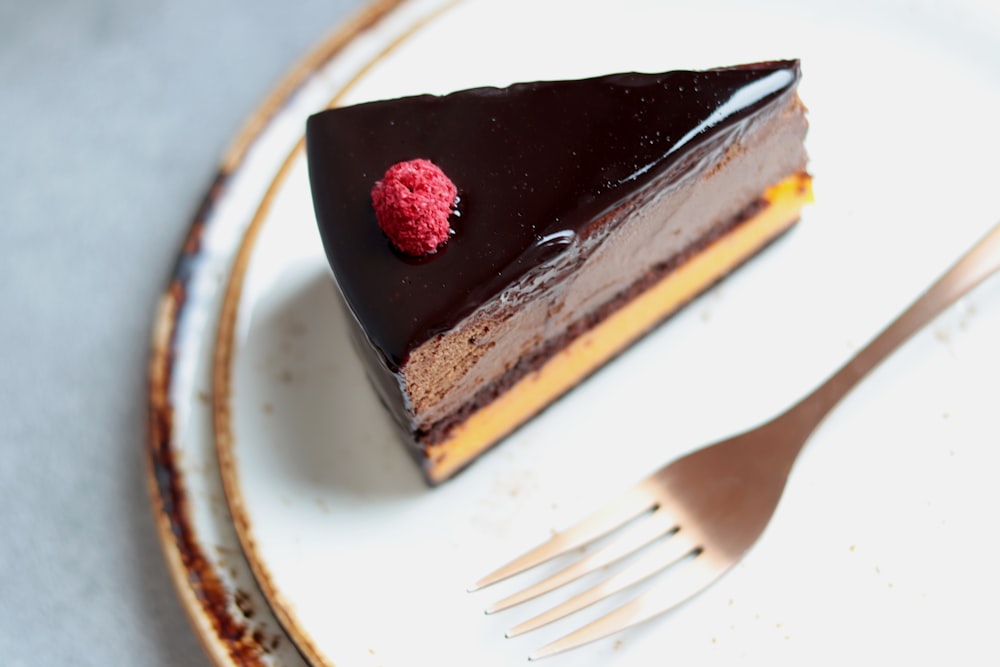 a piece of chocolate cake on a plate with a fork