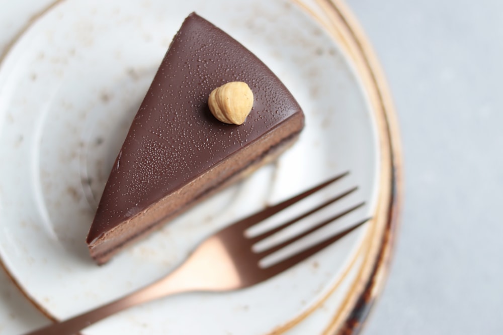 a piece of chocolate cake on a plate with a fork