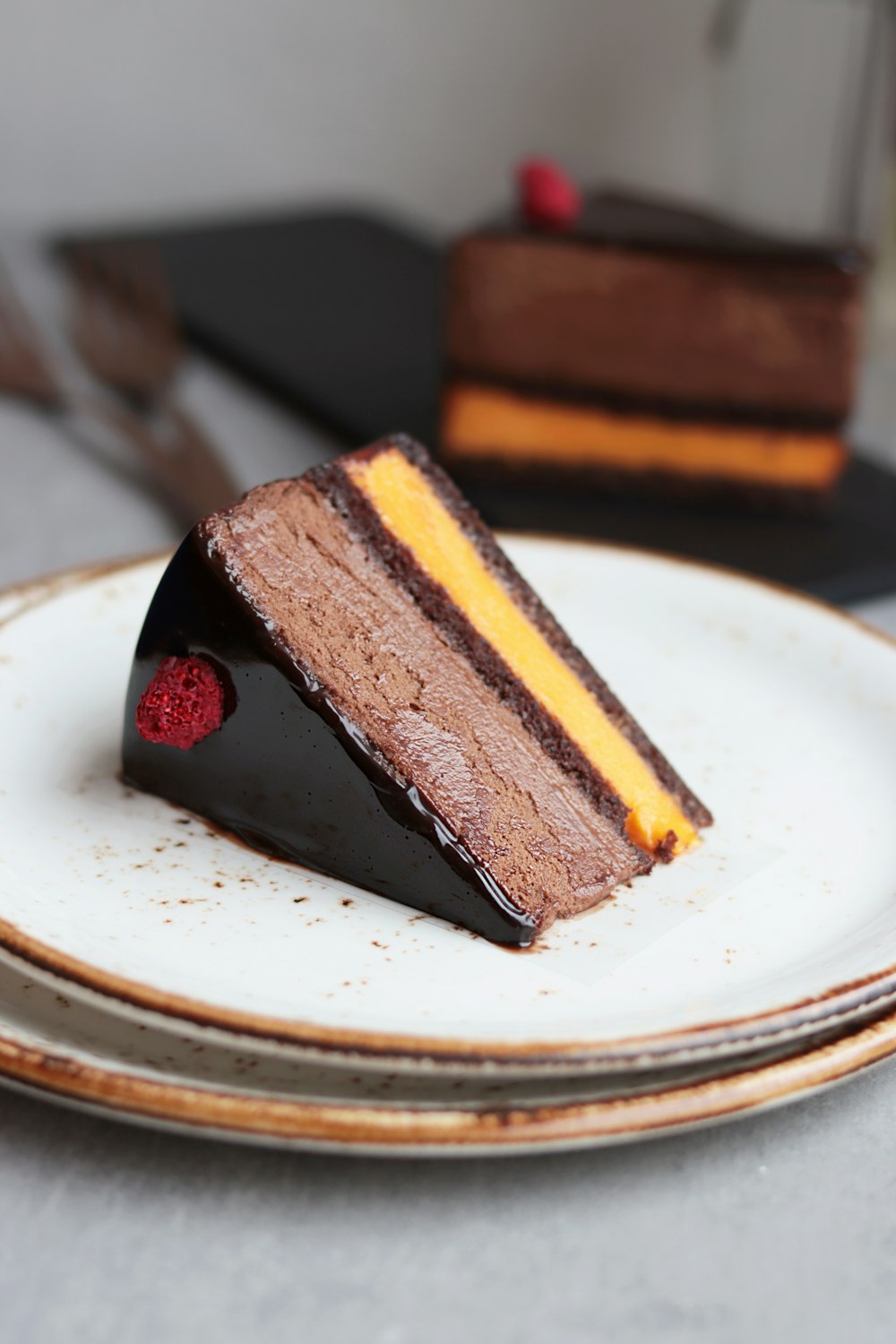 a piece of chocolate cake on a plate