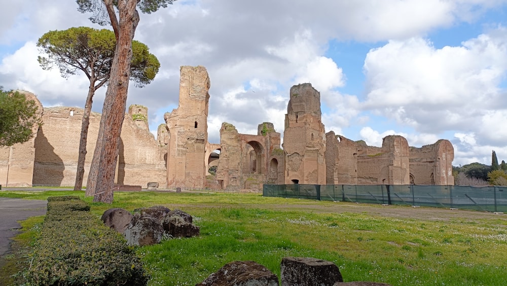the ruins of a roman city with trees in the foreground
