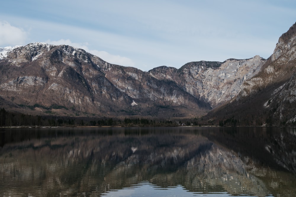 a mountain range is reflected in the still water of a lake