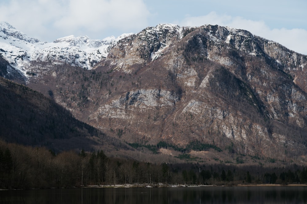 a mountain range with a lake in the foreground